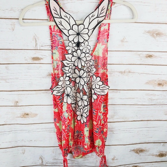 Free People Top Size S Floral Racerback Sleeveless Scoop Side Ties Coral Pink - Picture 5 of 8